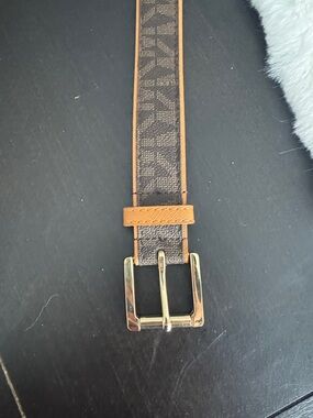 Michael Kors Brown Monogram Logo Belt with Tan Trim and Gold Buckle